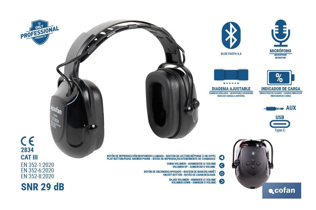 Cascos antirruido con Bluetooth | Reducción de sonido (SNR) 29 dB | Protección auditiva con micrófono y control de volumen