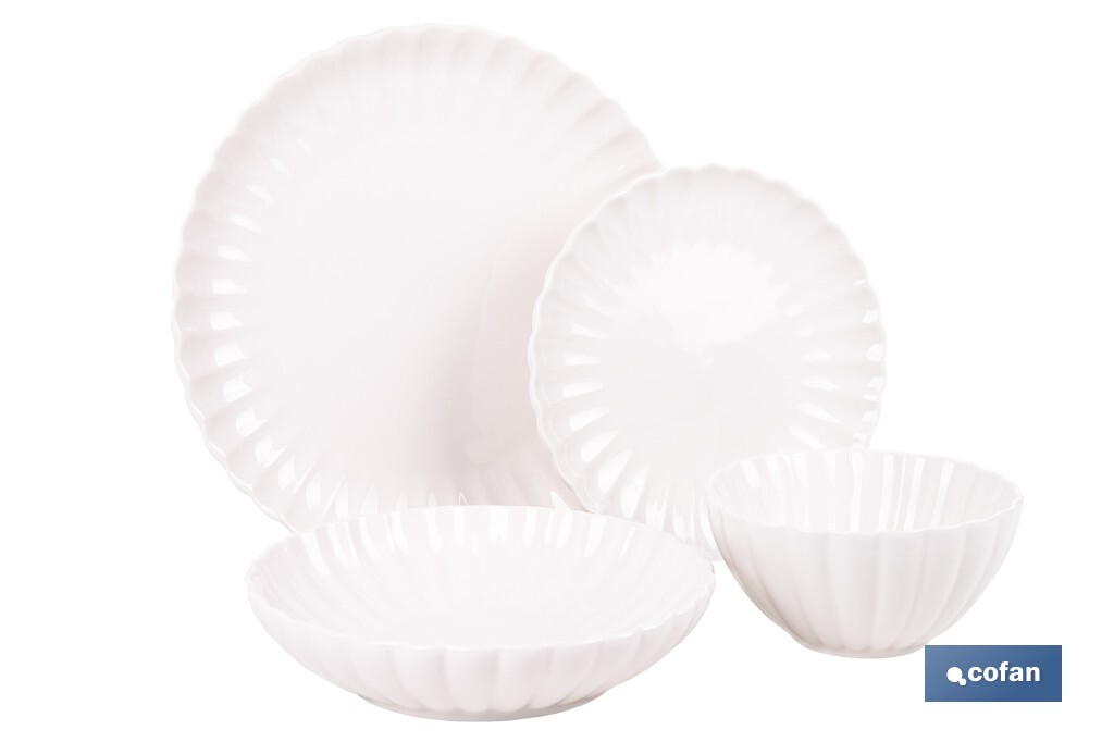 Vajilla de porcelana esmaltada de color blanco con diseño en relieve | Set de 16 piezas | Apta para lavavajillas, microondas y 